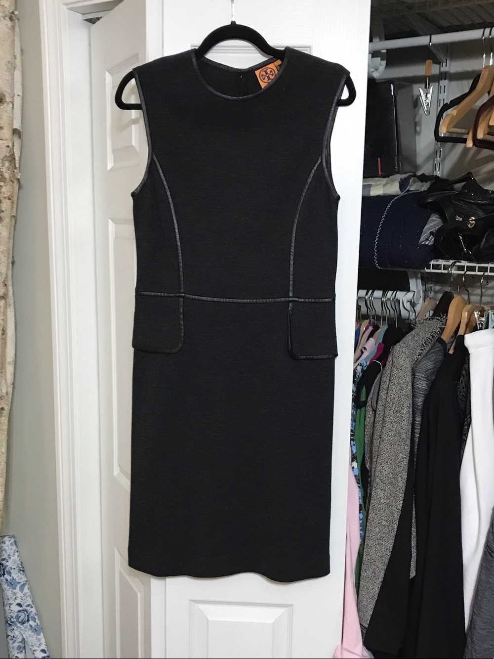 Tory Burch Sleeveless Black Sheath Dress with Contrast Stitching